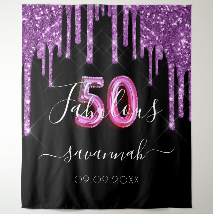 50th Black Purple Glitter Adult Birthday Party Decoration Fabric Backdrop