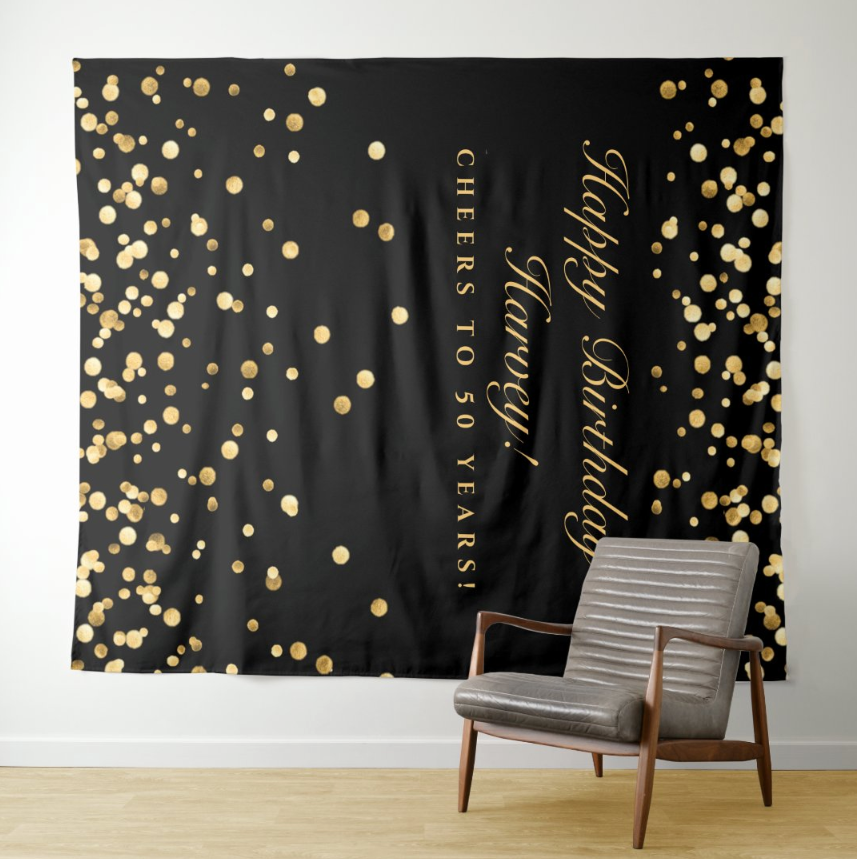 Black Gold Glitter Adult Birthday Party Decoration Fabric Backdrop