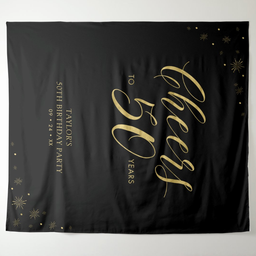 50th Black Adult Birthday Party Decoration Fabric Backdrop