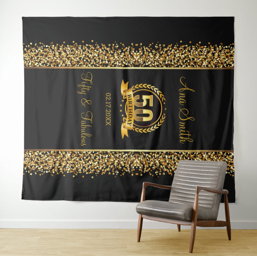 Gold Glitter 50th Adult Birthday Party Decoration Fabric Backdrop