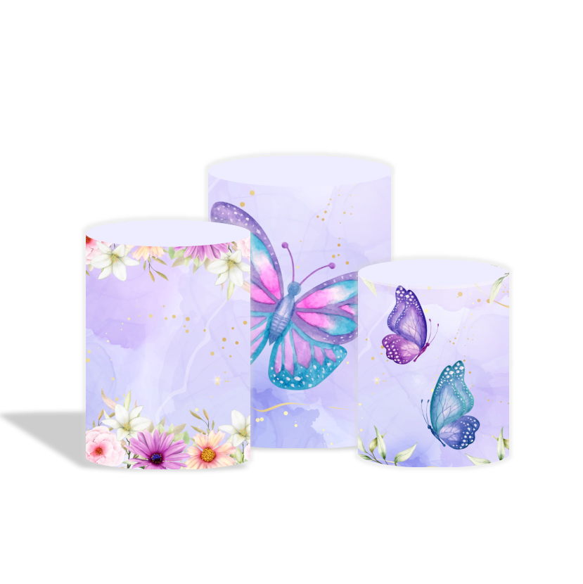 Purple butterfly theme birthday baby shower party decoration round circle backdrop cover plinth cylinder pedestal cover