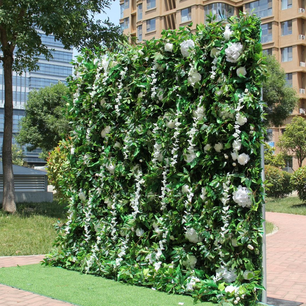 Rolling Up Cloth Curtain Silk Green Plant White Flower Wall For Birthday Wedding Backdrop Decoration Outdoor Event Party Decor Props