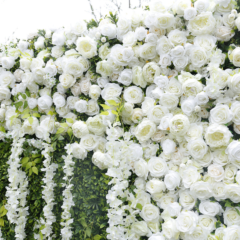 Cloth Curtain Silk White Rose Flower Green Plant Wall For Birthday Wedding Backdrop Decoration Outdoor Event Party Decor Props