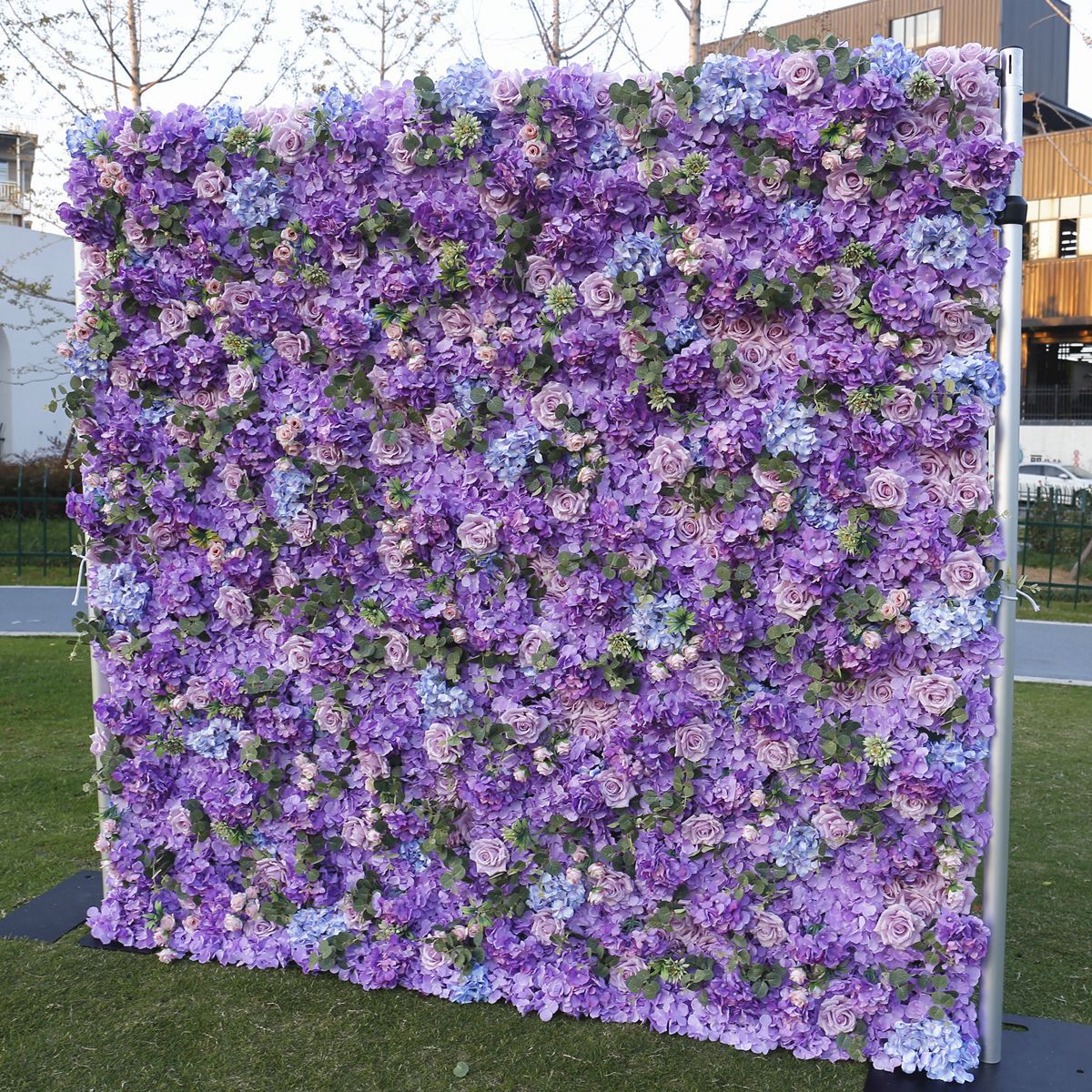 Rolling Up Cloth Curtain Silk Purple Flower Wall For Birthday Wedding Backdrop Decoration Outdoor Event Party Decor Props