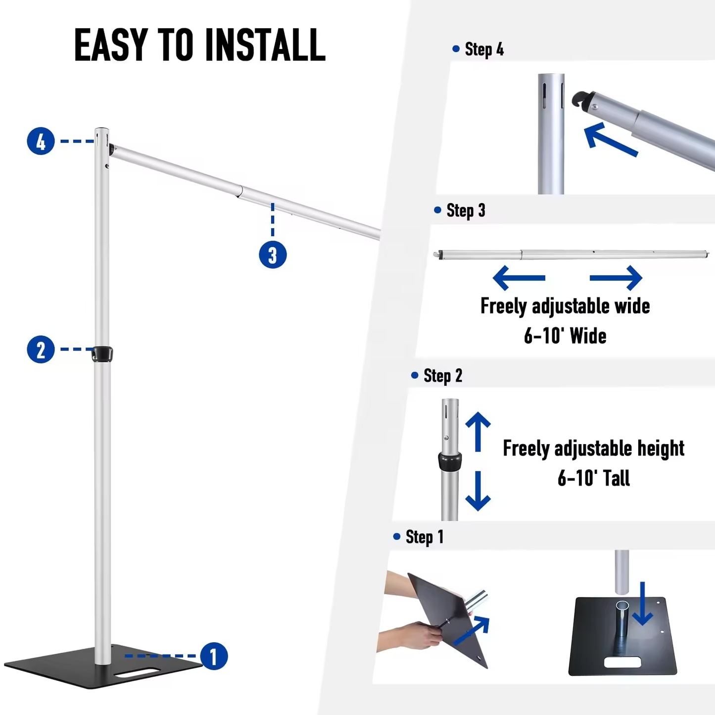 6-10ft Adjustable Portable Pipe And Drape Kit Backdrop Stand for Event & Wedding Decor and Flower Wall