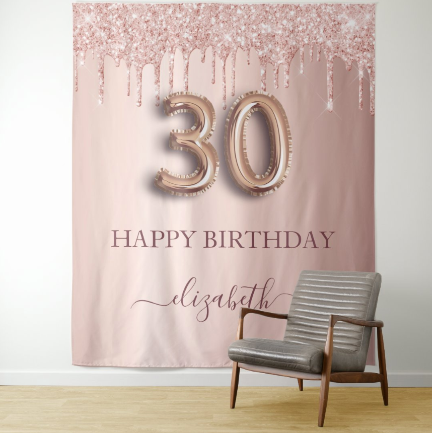 30th Birthday Party Rose Gold Decoration Fabric Backdrop