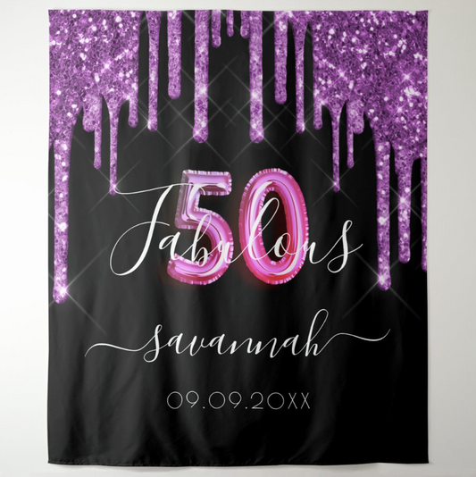 50th Black Purple Glitter Adult Birthday Party Decoration Fabric Backdrop
