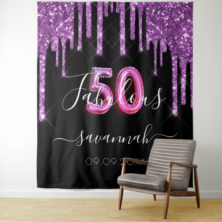 50th Black Purple Glitter Adult Birthday Party Decoration Fabric Backdrop