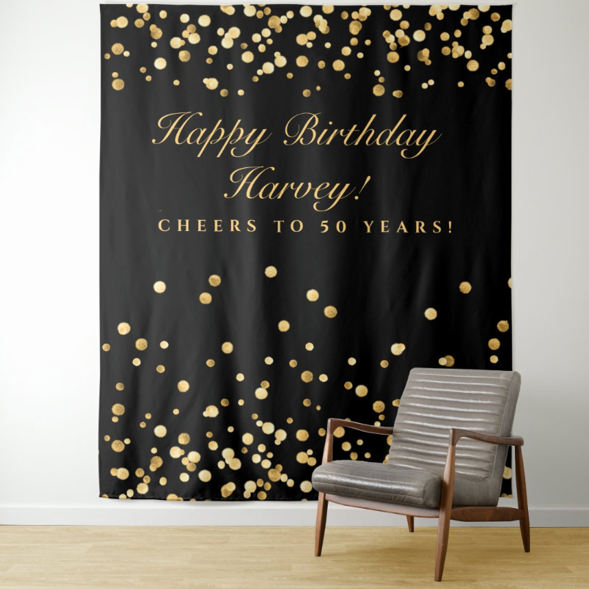 Black Gold Glitter Adult Birthday Party Decoration Fabric Backdrop