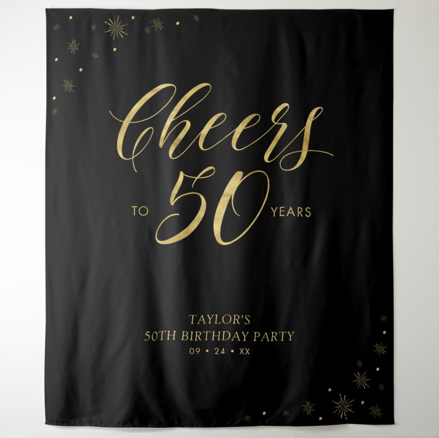50th Black Adult Birthday Party Decoration Fabric Backdrop