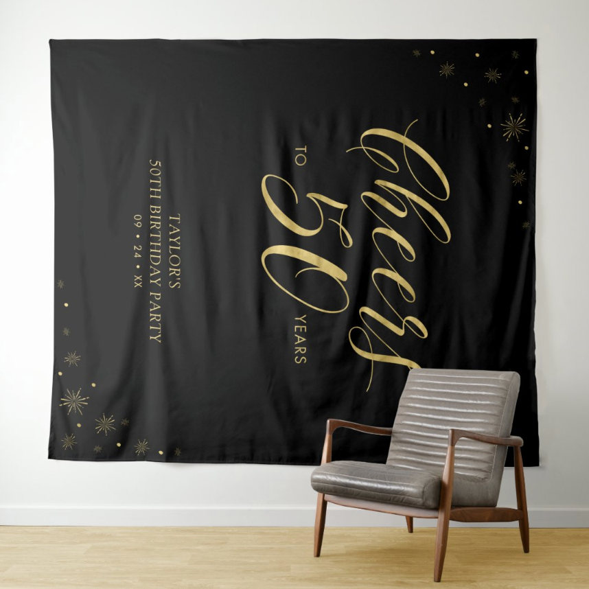 50th Black Adult Birthday Party Decoration Fabric Backdrop