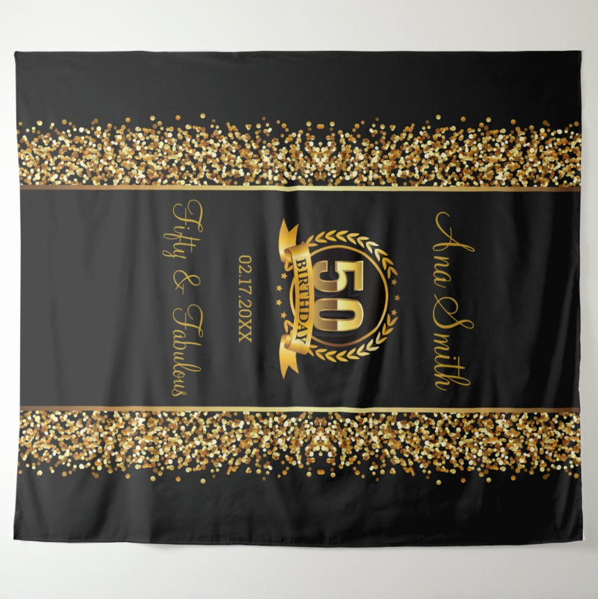 Gold Glitter 50th Adult Birthday Party Decoration Fabric Backdrop