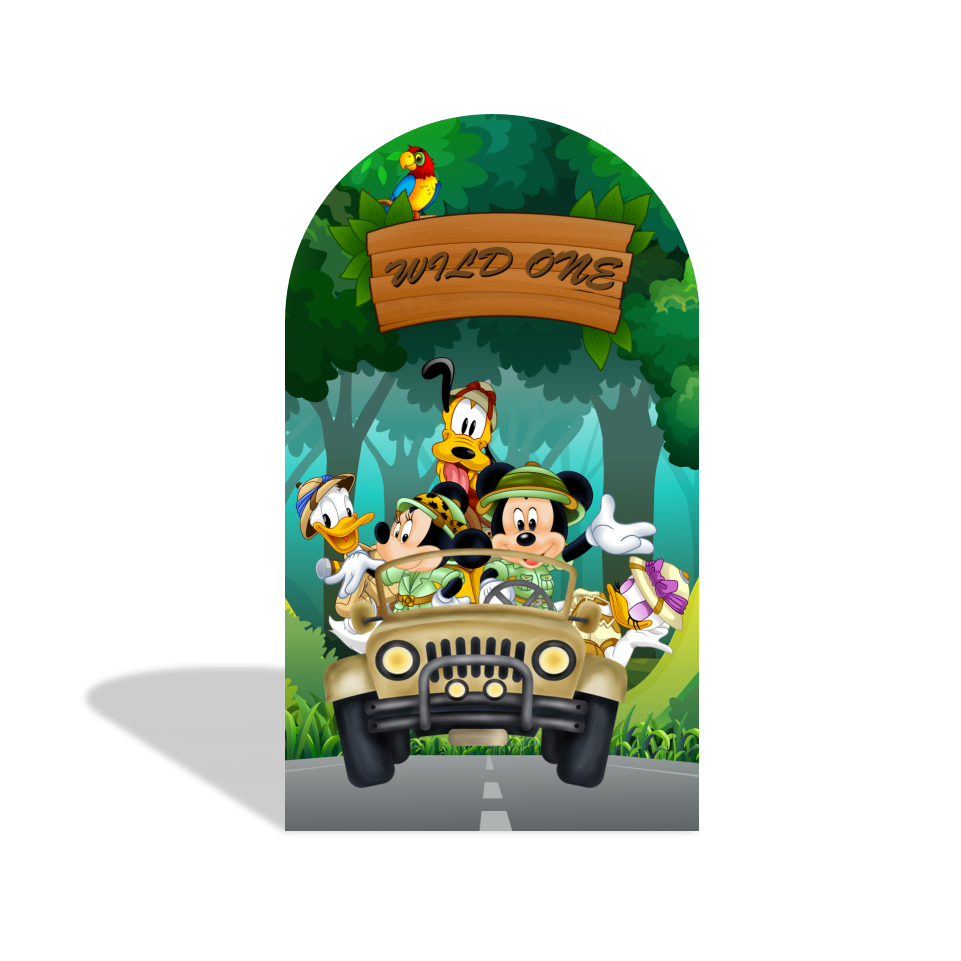 Wild One Cartoon Disney Mickey Minnie Safari Happy Birthday Party Arch Backdrop Wall Cloth Cover