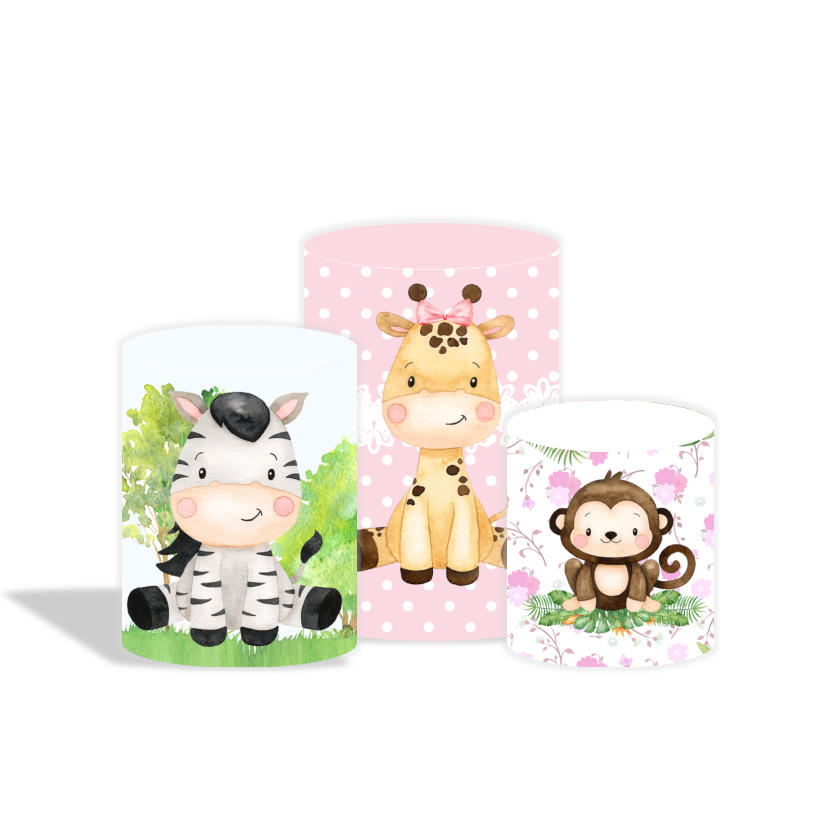 Pink safari animal theme birthday baby shower party decoration round circle backdrop cover plinth cylinder pedestal cover
