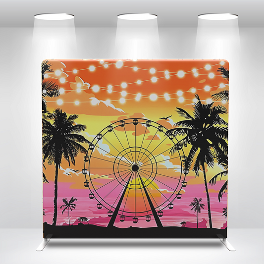 Sunset Seaside Ferris Wheel Pillow Case Photo Booth Straight Backdrop Wall Cover With Stand For Birthday Party Photography Photo Shoot Studio Prop