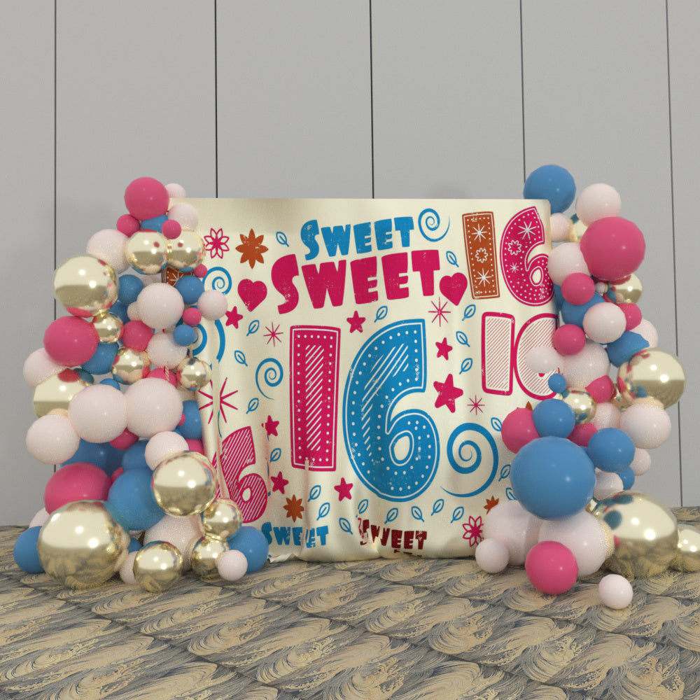 Sweet 16th Happy Birthday Party Decoration Fabric Backdrop
