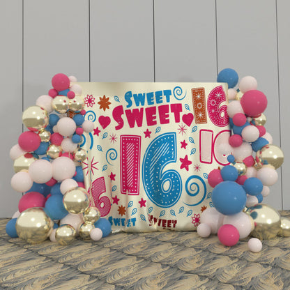 Sweet 16th Happy Birthday Party Decoration Fabric Backdrop