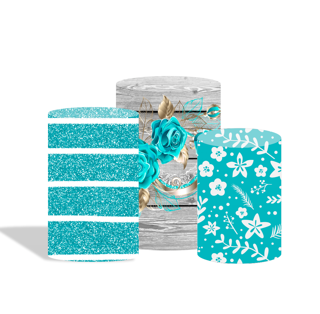 Wood blue rose birthday party decoration round circle backdrop cover plinth cylinder pedestal cloth cove