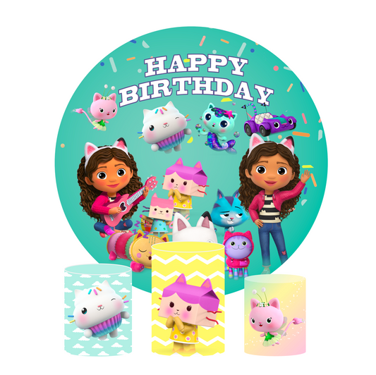 Gabby's theme birthday party decoration round circle backdrop cover plinth cylinder pedestal cloth cover