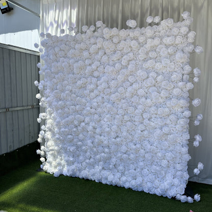 Handmade Artificial Cloth Curtain Silk White Flower Rose Wall For Birthday Wedding Backdrop Decoration Outdoor Event Party Decor Props