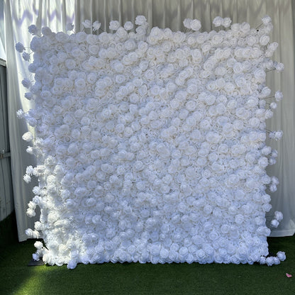 Handmade Artificial Cloth Curtain Silk White Flower Rose Wall For Birthday Wedding Backdrop Decoration Outdoor Event Party Decor Props