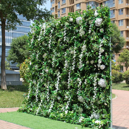 Rolling Up Cloth Curtain Silk Green Plant White Flower Wall For Birthday Wedding Backdrop Decoration Outdoor Event Party Decor Props