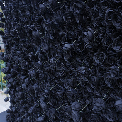 Handmade Artificial Fabric Rolling Up Curtain Black Rose Flower Wall Backdrop For Birthday Wedding Decor