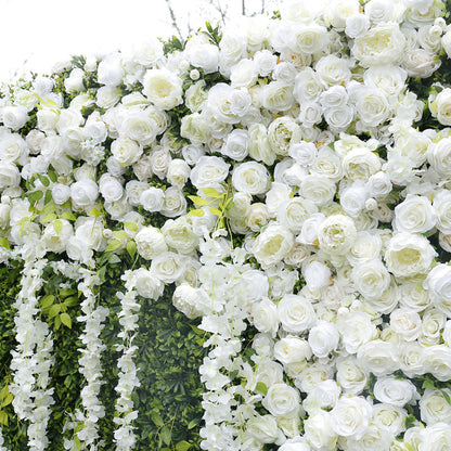 Cloth Curtain Silk White Rose Flower Green Plant Wall For Birthday Wedding Backdrop Decoration Outdoor Event Party Decor Props