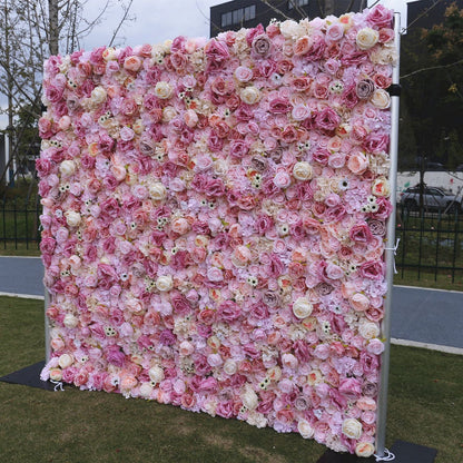 Pink Rolling Up Cloth Curtain Silk Flower Wall For Birthday Wedding Backdrop Decoration Outdoor Event Party Decor Props