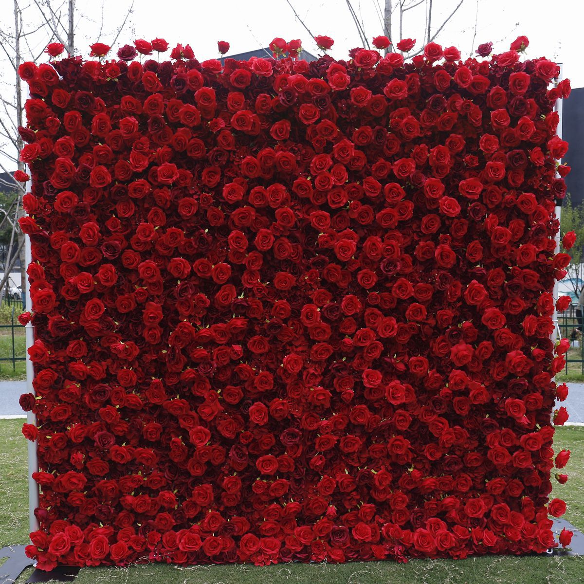 Handmade Artificial Cloth Curtain Silk Red Flower Rose Wall Wedding Backdrop Decoration Outdoor Event Party Decor Props