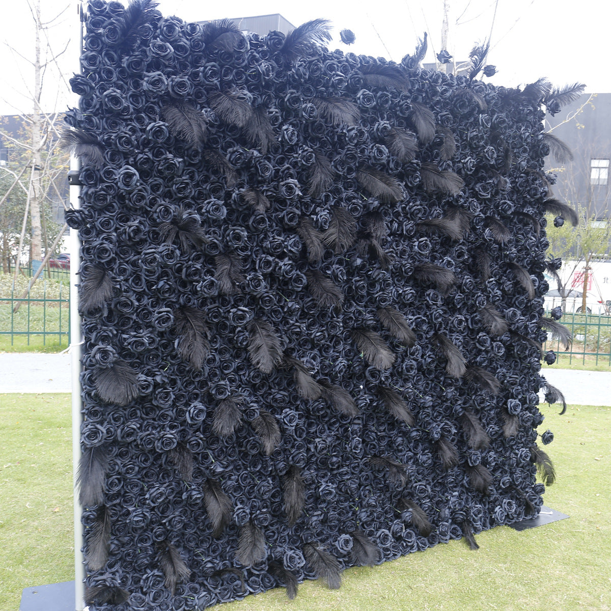 Handmade Artificial Fabric Rolling Up Curtain Black Rose Flower Wall Backdrop For Birthday Wedding Decor