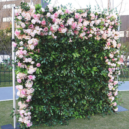 Handmade Artificial Fabric Rolling Up Curtain Flower Wall Backdrop For Birthday Wedding Decor