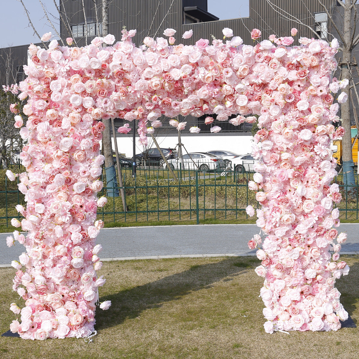 Handmade Artificial Cloth Curtain Pink Silk Flower Wall Arch Wedding Backdrop Decoration Outdoor Event Party Decor Props