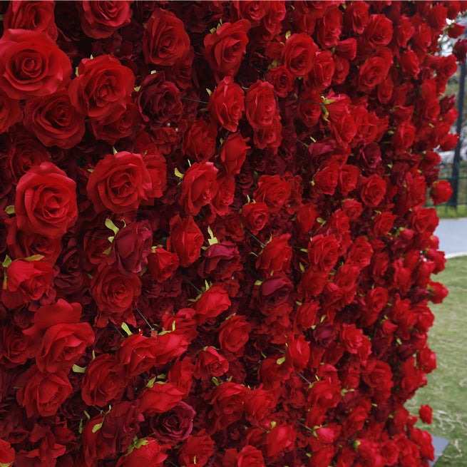 Handmade Artificial Cloth Curtain Silk Red Flower Rose Wall Wedding Backdrop Decoration Outdoor Event Party Decor Props