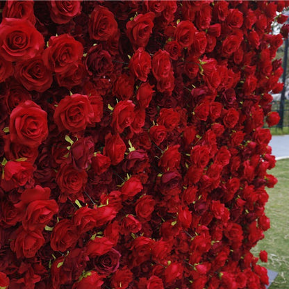 Handmade Artificial Cloth Curtain Silk Red Flower Rose Wall Wedding Backdrop Decoration Outdoor Event Party Decor Props