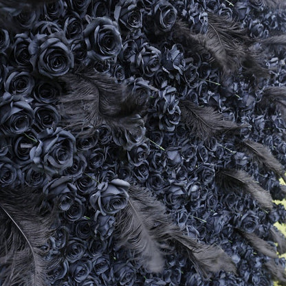 Handmade Artificial Fabric Rolling Up Curtain Black Rose Flower Wall Backdrop For Birthday Wedding Decor