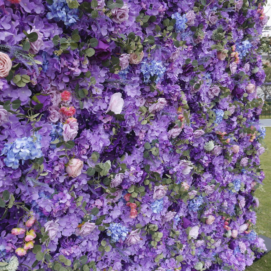 Handmade Artificial Cloth Curtain Purple Silk Flower Wall Wedding Backdrop Decoration Outdoor Event Party Decor Props