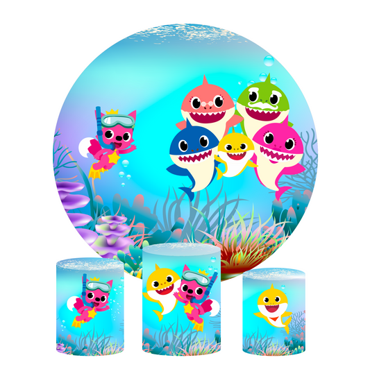 Baby shark birthday party decoration round circle backdrop cover plinth cylinder pedestal cloth cover