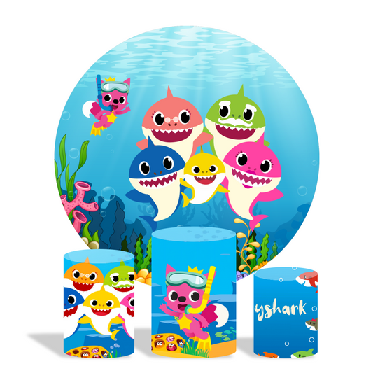 Baby shark theme birthday party decoration round circle backdrop cover plinth cylinder pedestal cloth cover