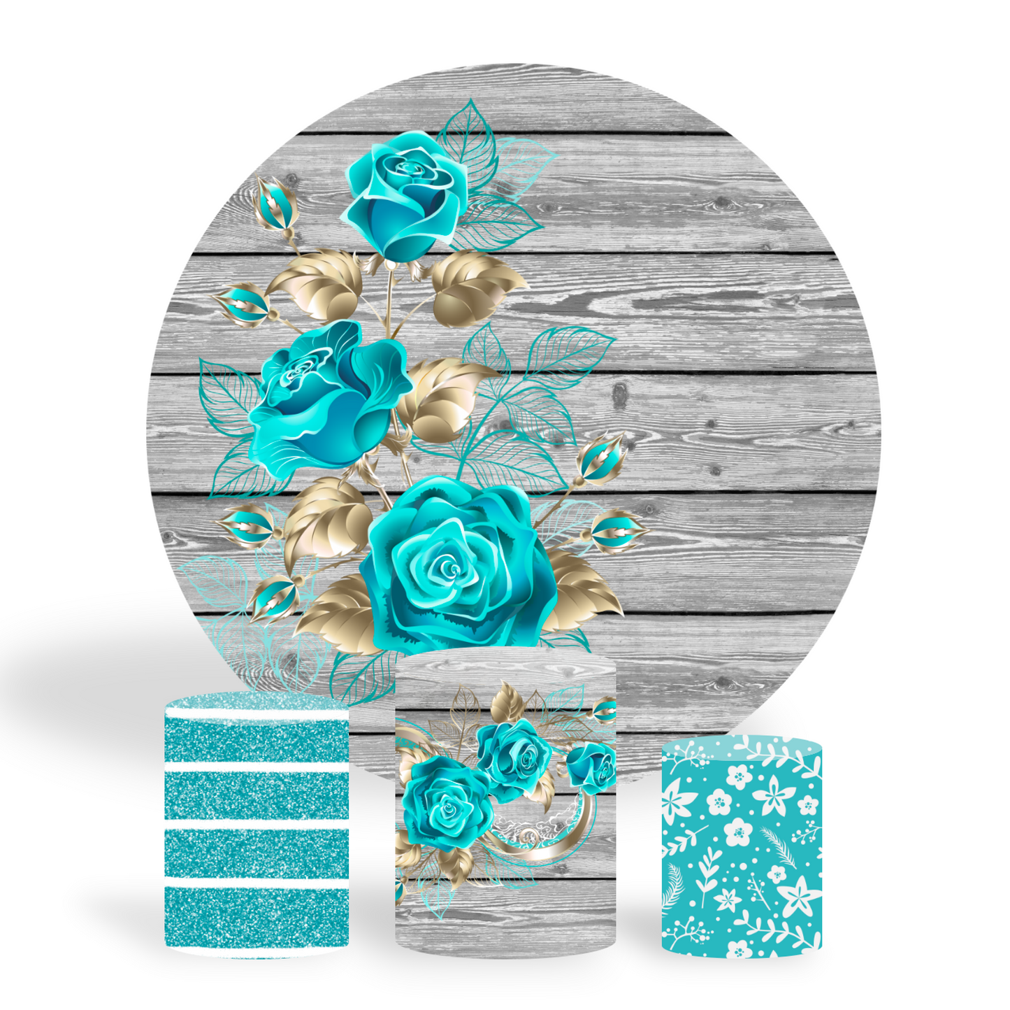 Wood blue rose birthday party decoration round circle backdrop cover plinth cylinder pedestal cloth cove