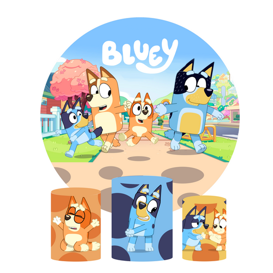 Bluey theme birthday party decoration round circle backdrop cover plinth cylinder pedestal cloth cover