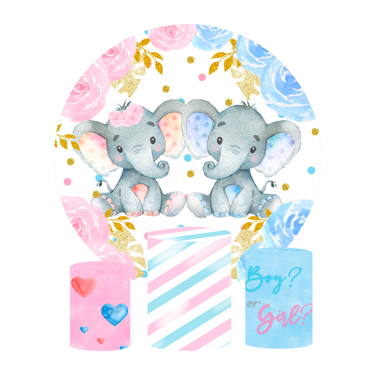 Flower elephant boy or girl gender reveal party decoration round circle backdrop cover plinth cylinder pedestal cover