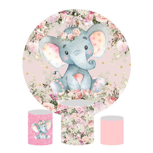 Flora baby elephant birthday baby shower party decoration round circle backdrop cover plinth cylinder pedestal cloth cover