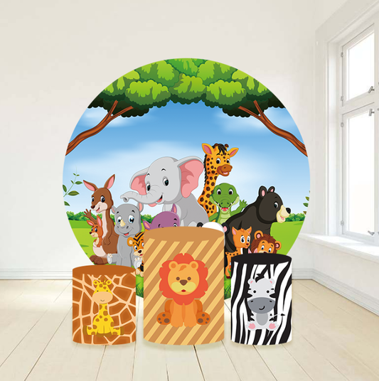 Safari animal birthday party decoration round circle backdrop cover plinth cylinder pedestal cloth cover