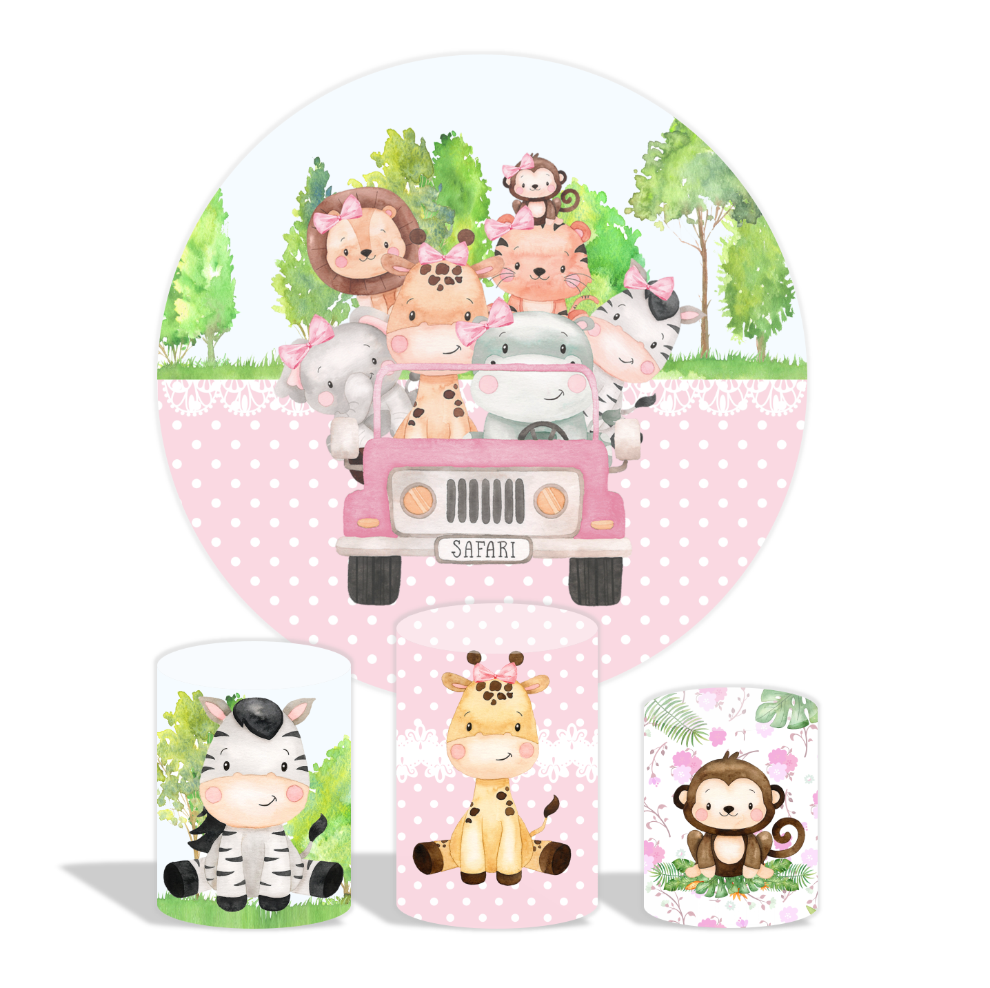 Pink safari animal theme birthday baby shower party decoration round circle backdrop cover plinth cylinder pedestal cover