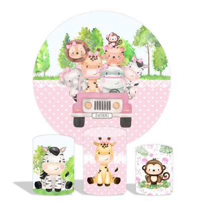 Pink safari animal theme birthday baby shower party decoration round circle backdrop cover plinth cylinder pedestal cover